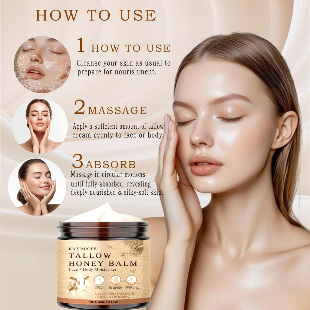 Beef Tallow for Skin - Organic Grass Fed Whipped Moisturizer with Honey Balm, Natural Hydrating Cream for Face & Body, Relief for Dry & Sensitive Skin