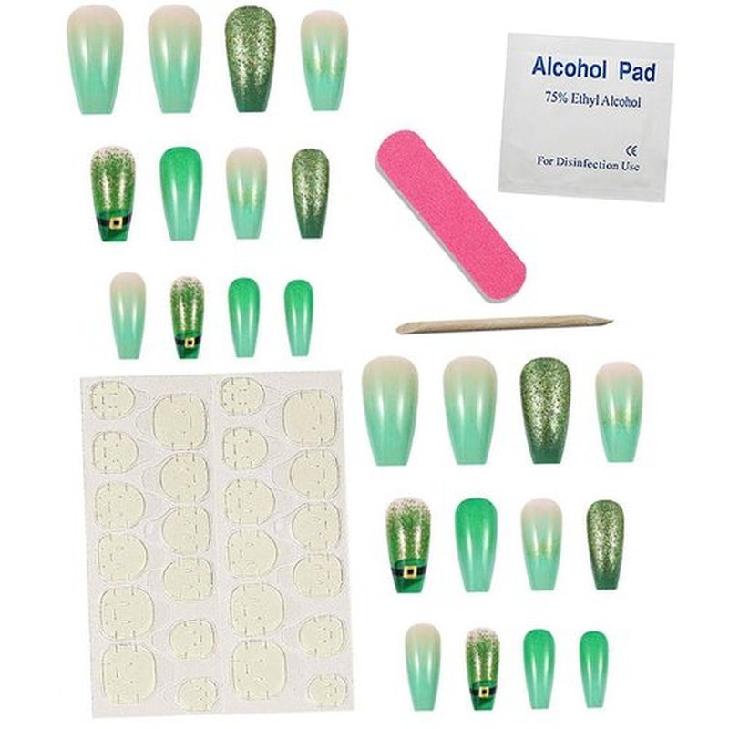 St. Patrick's Day Press on Nails Medium Coffin Fake Nails Green Gradient Glue on Nails Glossy Shiny Stick on Nails Reusable Full Cover Artificial Acrylic False Nails Kit Press on Nails for Women 24Pcs