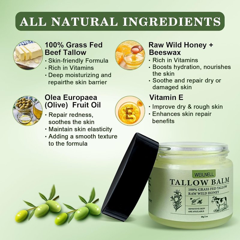 WEILNELL Beef Tallow and Honey Balm for Skin - All-Natural Moisturizer Hydrates and Nourishes the Skin, Grass-Fed Beef Tallow & Honey Balm Blend, Deeply Moisturizing for Face & Body Natural Skin Care