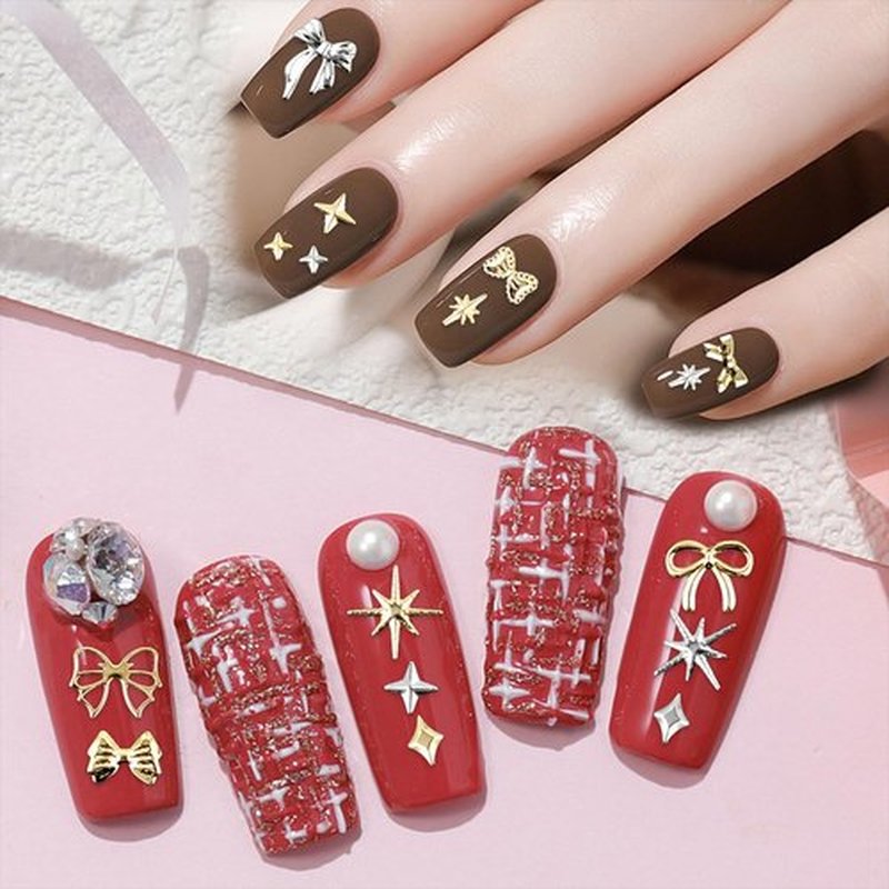 3D Metal Punk Nail Studs, Gold Silver Star Bows Nail Art Charms, Alloy Manicure Decoration DIY Charms for Nail Art Decoration Accessories (Gold + Silver F)