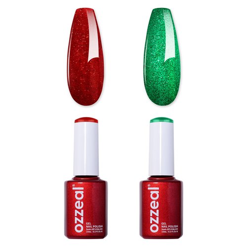 Ozzeal 2 Pcs Christmas Red & Green Glitter Gel Nail Polish Set, Long Lasting Glitter Gel Polish, Non-Toxic, Salon Quality, LED/UV Cured, 0.5 Fl Oz Each