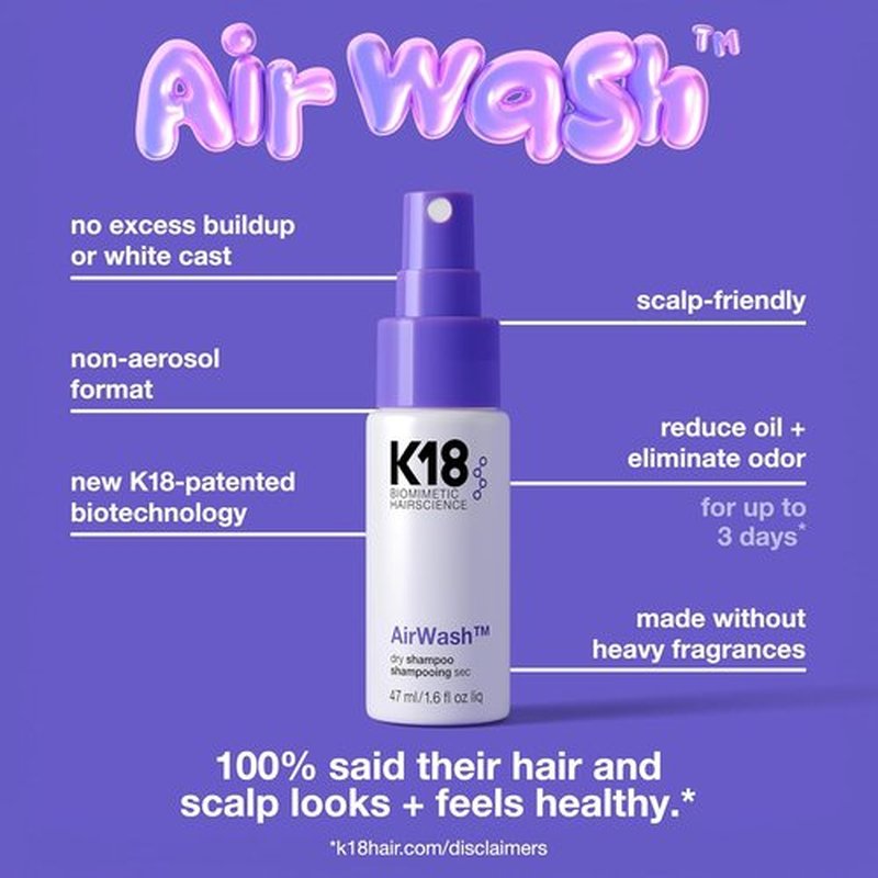 K18 AirWash™ Dry Shampoo - Non-Aerosol Formula for Balanced Scalp & Oil Control