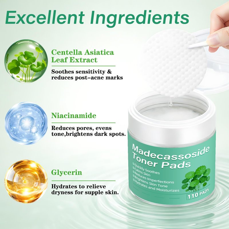 Madecassoside Blemish Pad, Pore Pad,Toner Pads for Face, Calm Redness, Strengthen Barrier & Brightens Skin Tone with Centella Asiatica, Vegan Gauze, 110 Pads for All Skin Types (110PADS)