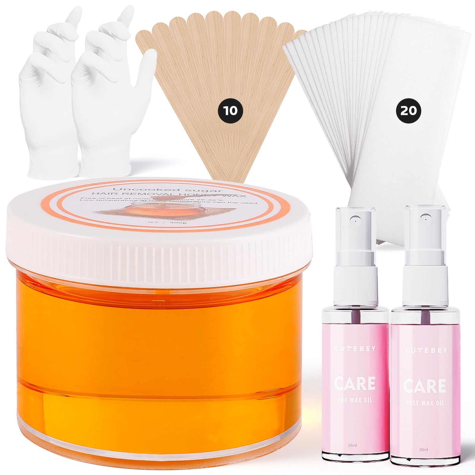 Sugar Wax Kit Suagring Kit: 300g/10.6oz Organic Sugaring Paste for Body Hair Removal - Includes Wax Strips & Sticks, Pre and Post Care Oils