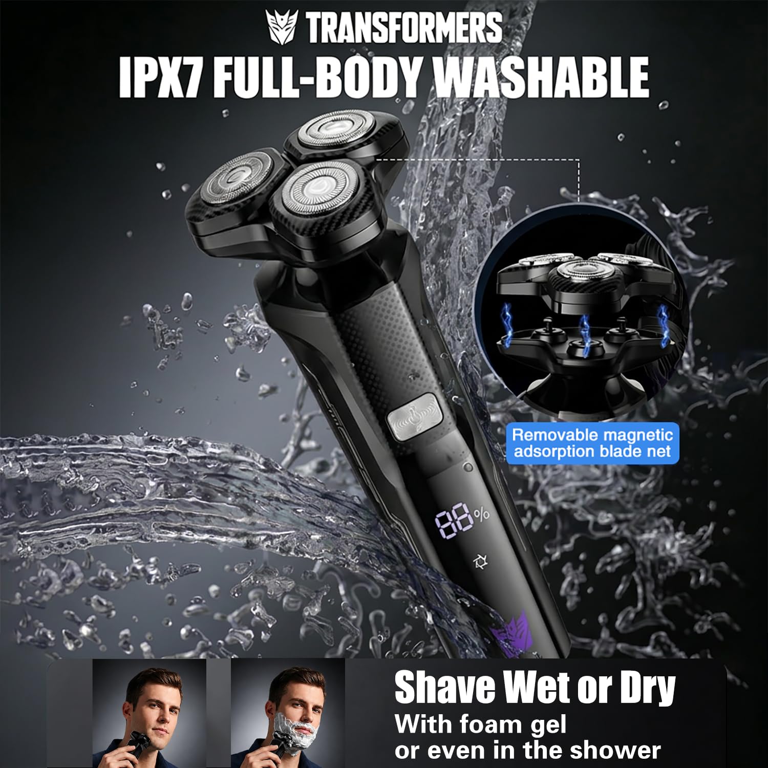 TRANSFORMERS Electric Razor for Men, 3D Rotary Shaver for Sensitive Skin with Pop-up Trimmer, IPX7 Waterproof, Wet & Dry USB-C Fast Charging Shaver with LED Display & Travel Lock – Gifts for Men