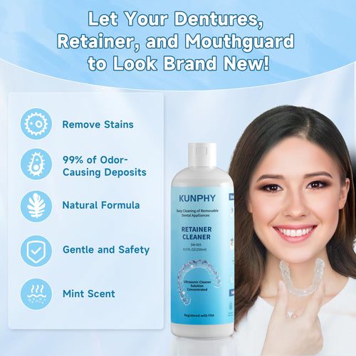 2 Pack Ultrasonic Retainer Cleaner Solution for Sonic Denture Cleaner-Professional Cleaning of Retainers, Invisible Aligners, Mouth Guards, Night Guards, Remove Odors, Discoloration & Stains 8.5oz