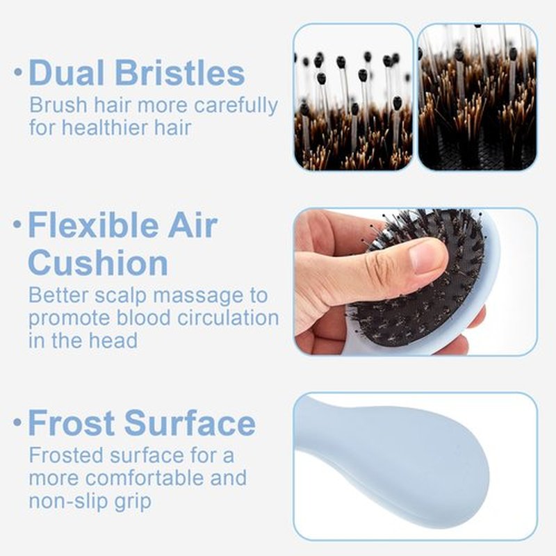 Jurrissa Mini Boar Bristles Hair Bursh, Travel Size Hair Brush for Women Men Kids, Protable Small Hair Brushes for Pockets Purses, Mini Hair Brush for Smooth Add Shine (1 Pack-Blue)
