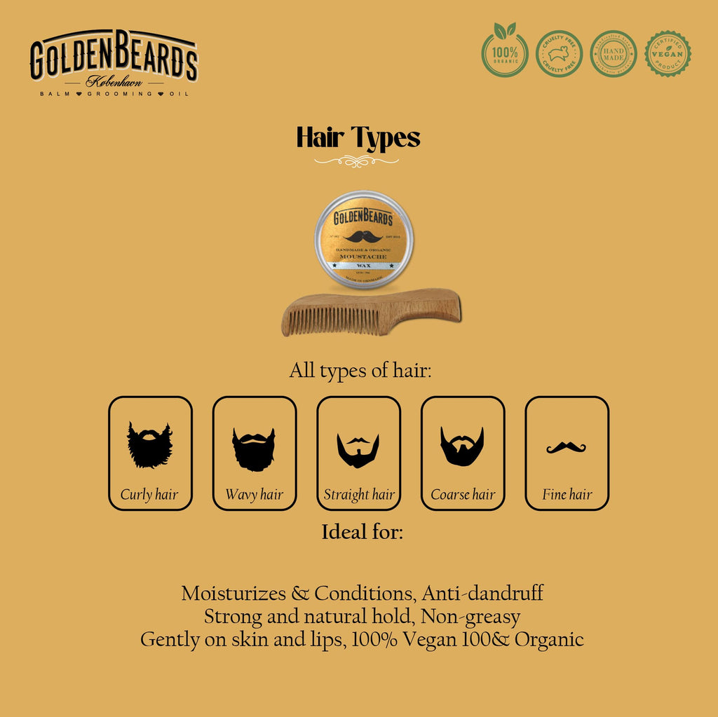Golden Beards Moustache Wax & Eco Wood Vegan Comb Kit – Medium Hold Wax with Lime Scent & Eco Wood Comb 2.5 in – Handmade, Vegan, Cruelty-Free Moustache Styling Set