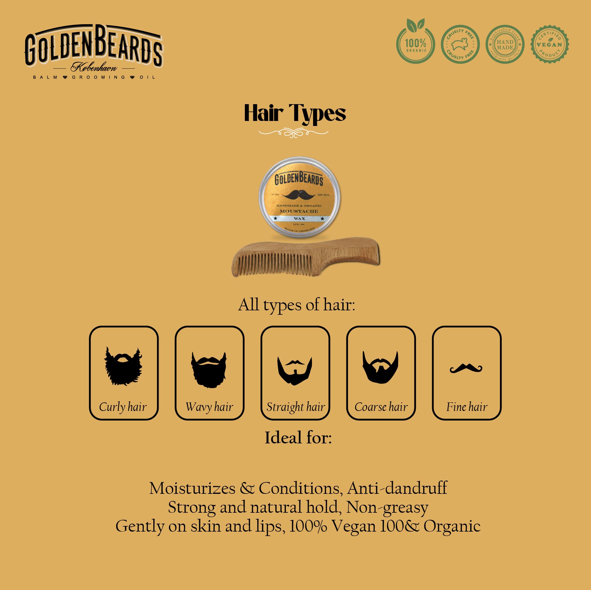 Golden Beards Moustache Wax & Eco Wood Vegan Comb Kit – Medium Hold Wax with Lime Scent & Eco Wood Comb 2.5 in – Handmade, Vegan, Cruelty-Free Moustache Styling Set