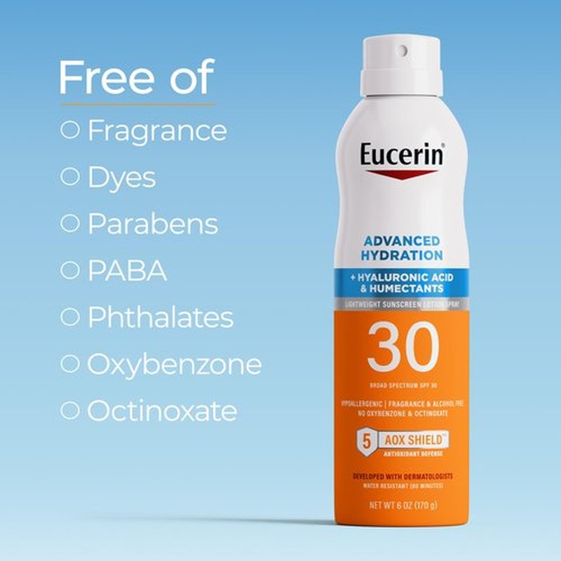 Eucerin Advanced Hydration SPF 30 Sunscreen Spray, Lightweight Spray Sunscreen with Hyaluronic Acid and Humectants, Hypoallergenic, Fragrance and Alcohol Free, 6 Oz Bottle