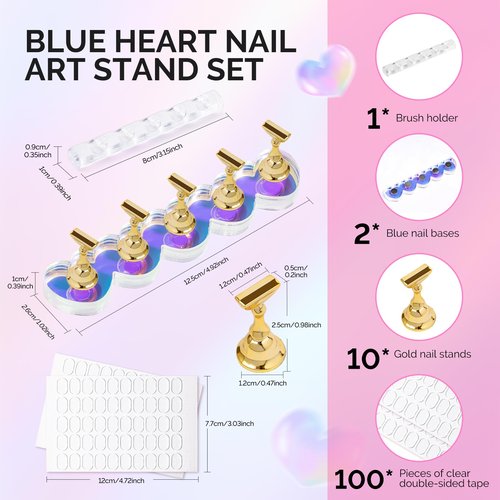 MelodySusie Nail Stand for Press Ons, 2 Sets Blue Heart Shape Acrylic Magnetic Base for Practice Display with Brush Holder and 100 Pcs Reusable Double-Sided Tape for Home DIY Salon Supplies