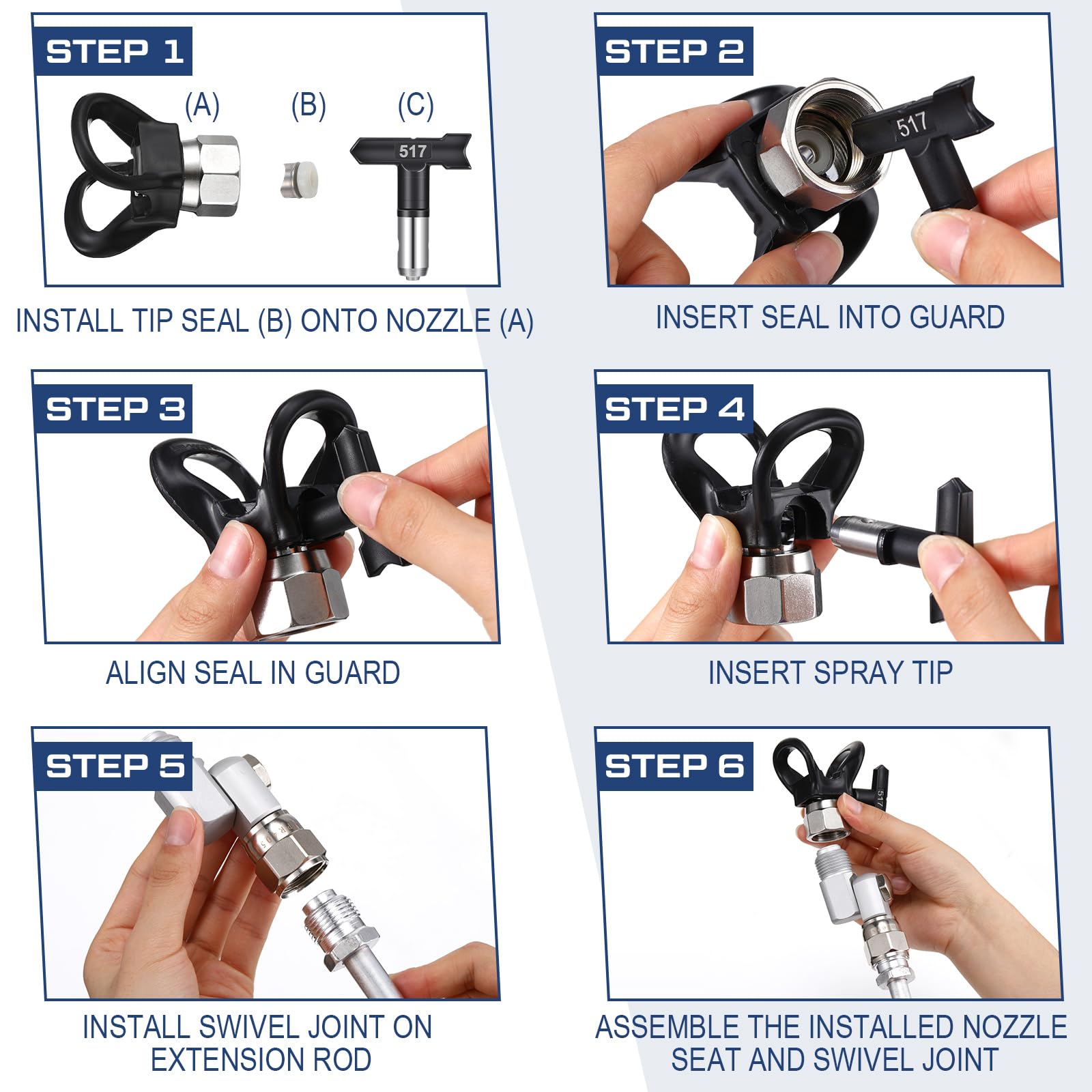 Lanties 8pcs Airless Paint Sprayer Tip Extension Pole Rod Set, Spray Gun Extension with Reversible Spray Tips, 180 Degree Swivel Joint & Nozzle Guard Protector (8,12,20,30,39in,517)