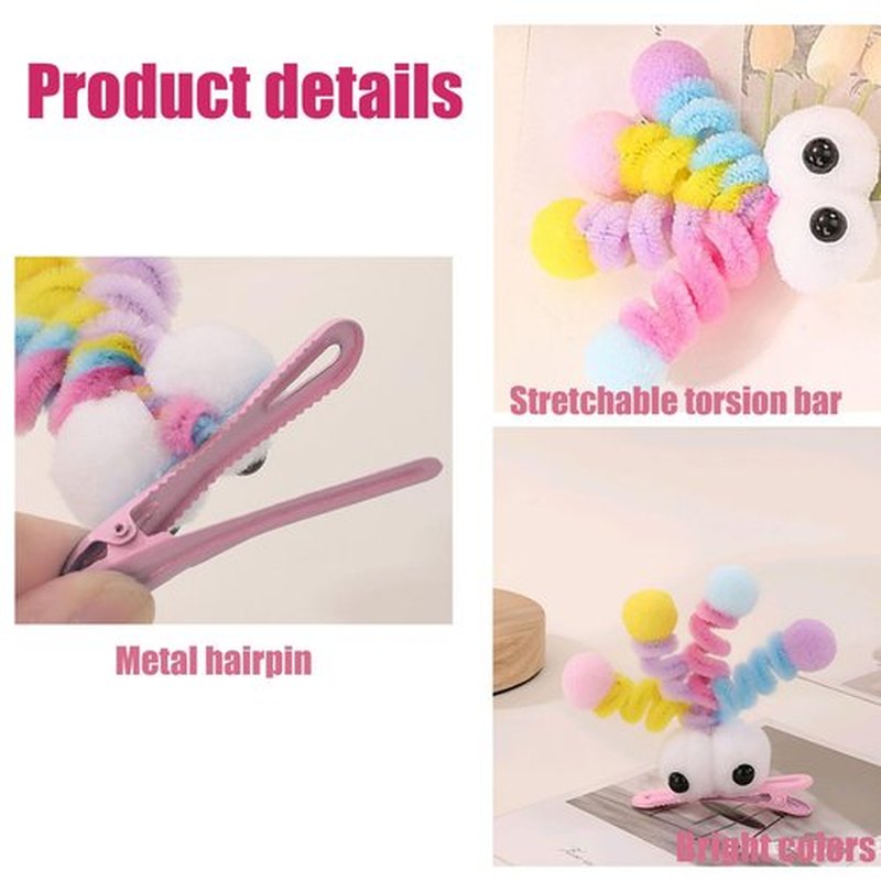 MIUPOO Fluffy Pom Poms Hair Clips,Crazy Hair Day Accessories for Girls,Quirky Little Monster Barrettes,Plush Duckbill Hairpins Hair Barrettes,Party Modeling Hair Accessories,2 Pieces,Pink eyes