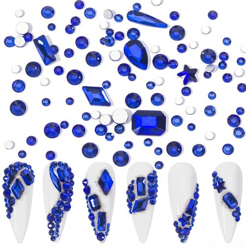 Nail Rhinestones Kit Round Flat Back Rhinestones 1500Pieces Multi Shape Blue Nail Gems 10ml Gel Nail Glue with Nail Crystals Diamonds Jewelry Rhinestones for Nail Design DIY Crafts Decoration