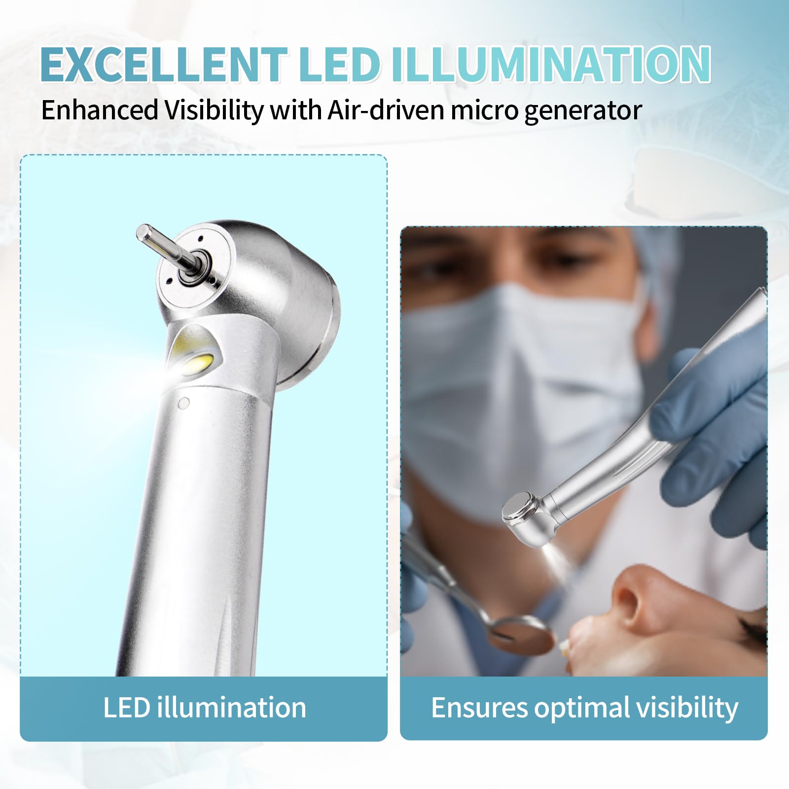 High Speed Handpiece 510(K) Approved with Std.Head ø12.6mm x H14.6mm: Dental Handpiece with Fiber-Optic LED Light, 4 Holes Coupling & Air-Turbine Motor: Perfect for Drilling, Grinding & Repairing
