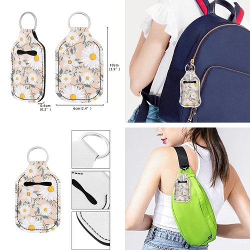Suobstales Daisy Flower Pattern 3 PCS Travel Bottle Keychain Holders Set Neoprene Lipstick Wristlet Keychain Elastic Chapstick Keychains Holder