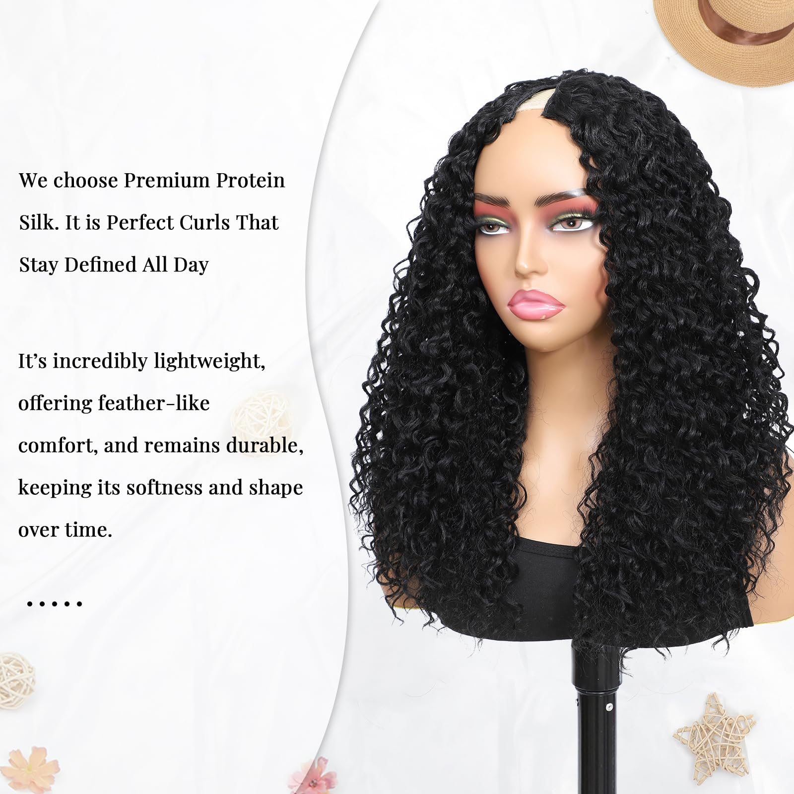 V Part Burmese Curly Wig for Black Women, Glueless Protein Silk Synthetic Curl Upgraded U Part Wigs Soft Natural Human Hair Feel, Lightweight Beginner Friendly Upart, Daily Wear/ Time-Saving Vpart