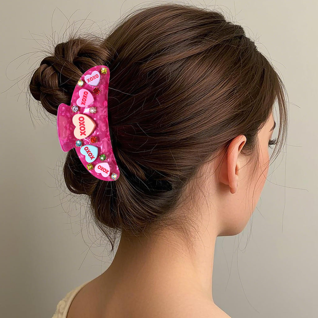 Valentines Hair Claw for Women Large Pink acetic acid Embellish Conversation candy heart hair claw Clips Valentines Hair Accessories Gifts