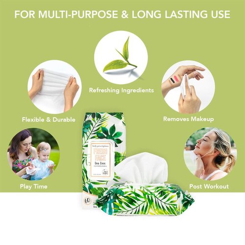 Body Prescriptions Tea Tree Facial Wipes, Moisturizing, Deep Cleansing Face Towelettes, Refreshing + Nourishing, Gentle Cleansing Cloths, 50 Count (Pack of 3), Tea-Tree