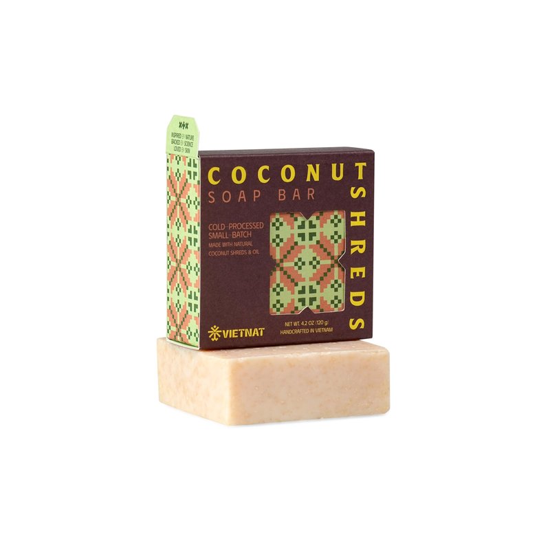 VIETNAT Cold-Process Natural 2-in-1 Luxurious Natural Soap Bar (4.2 oz) with Coconut Shreds | Light Exfoliation & Creamy Lather Body Bar | Cold-Processed, Handmade in Vietnam (Pack of 1)