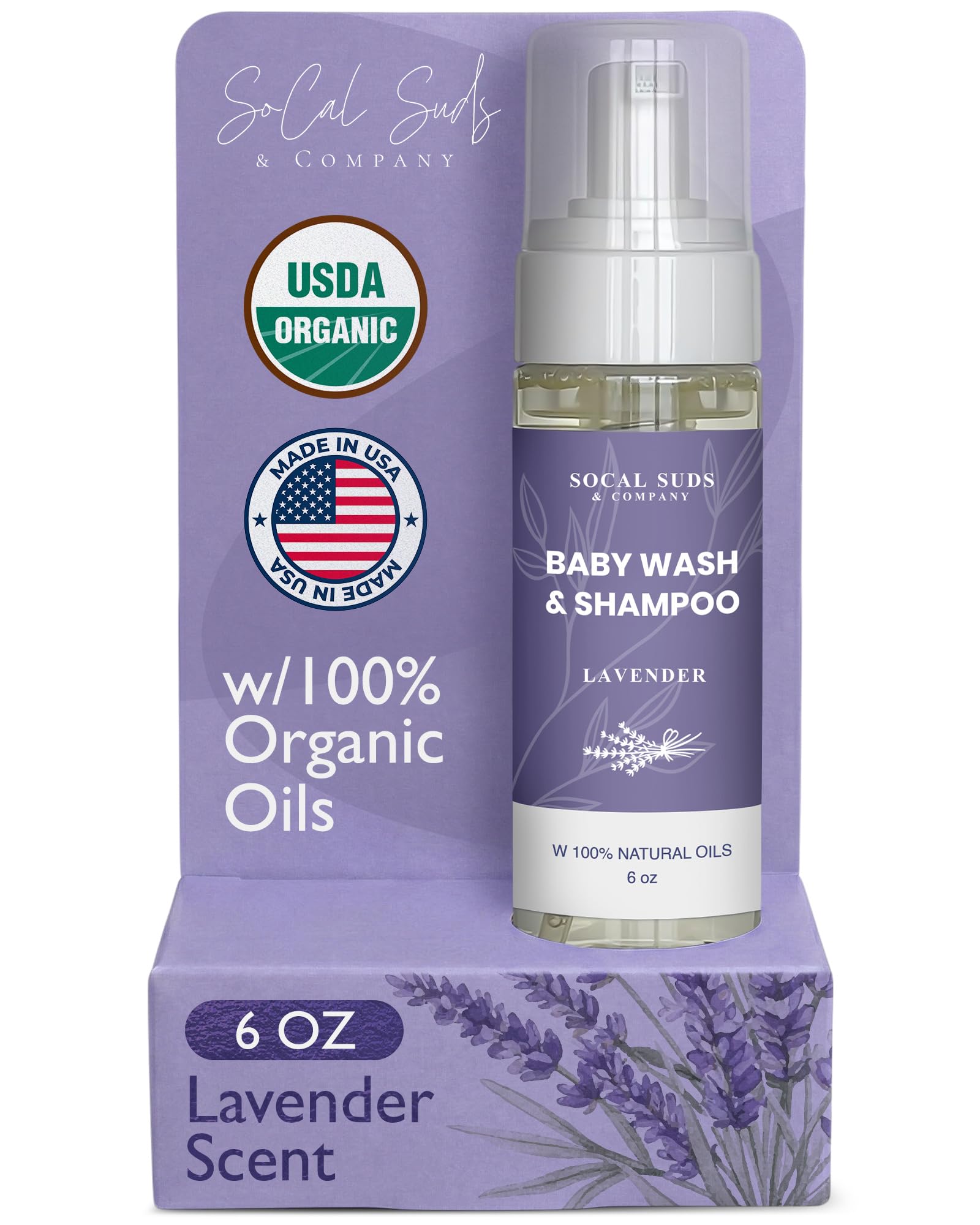 SoCal Suds & Company 2-in-1 Organic Foaming Baby Shampoo & Body Wash - Castile Soap - Gentle Body Soap and Shampoo for Sensitive Skin - Newborn & Kids Bath - Lavender, 6oz (Pack of 1)