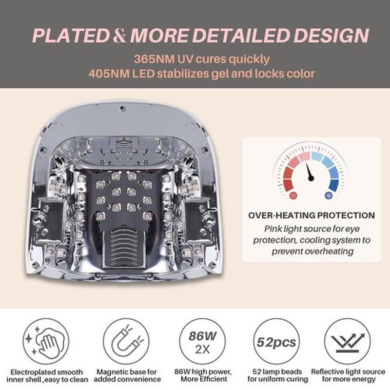 BIDUO 52 Beads Professional Nail Lamp,Cordless LED UV Light for Gel Nails,Electroplated Mirror-Finish Inner Wall and Base Plate,Rechargeable 18000 mAh Battery,84W High Power (Holographic Silver)