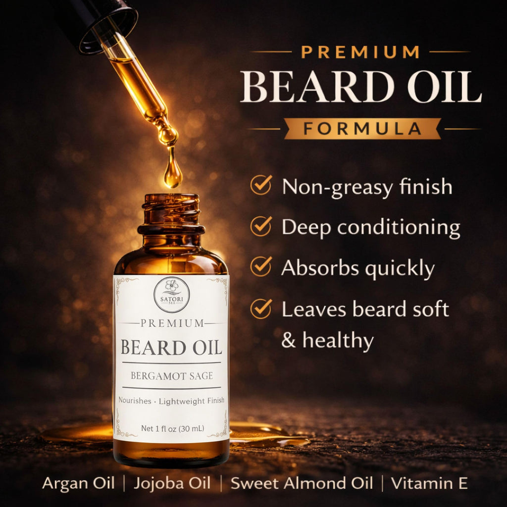 Satori Sea Beard Oil Variety Pack for Men - 3 Pack (Bourbon Vanilla, Mahogany Tonka Bean, Bergamot Sage) - Premium Beard Oil for Men - Moisturizing & Conditioning Beard Care -1 oz Bottles