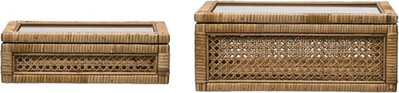 Creative Co-Op Decorative Woven Rattan and Wood Display Boxes - Set of 2 with Glass Top, Natural Finish