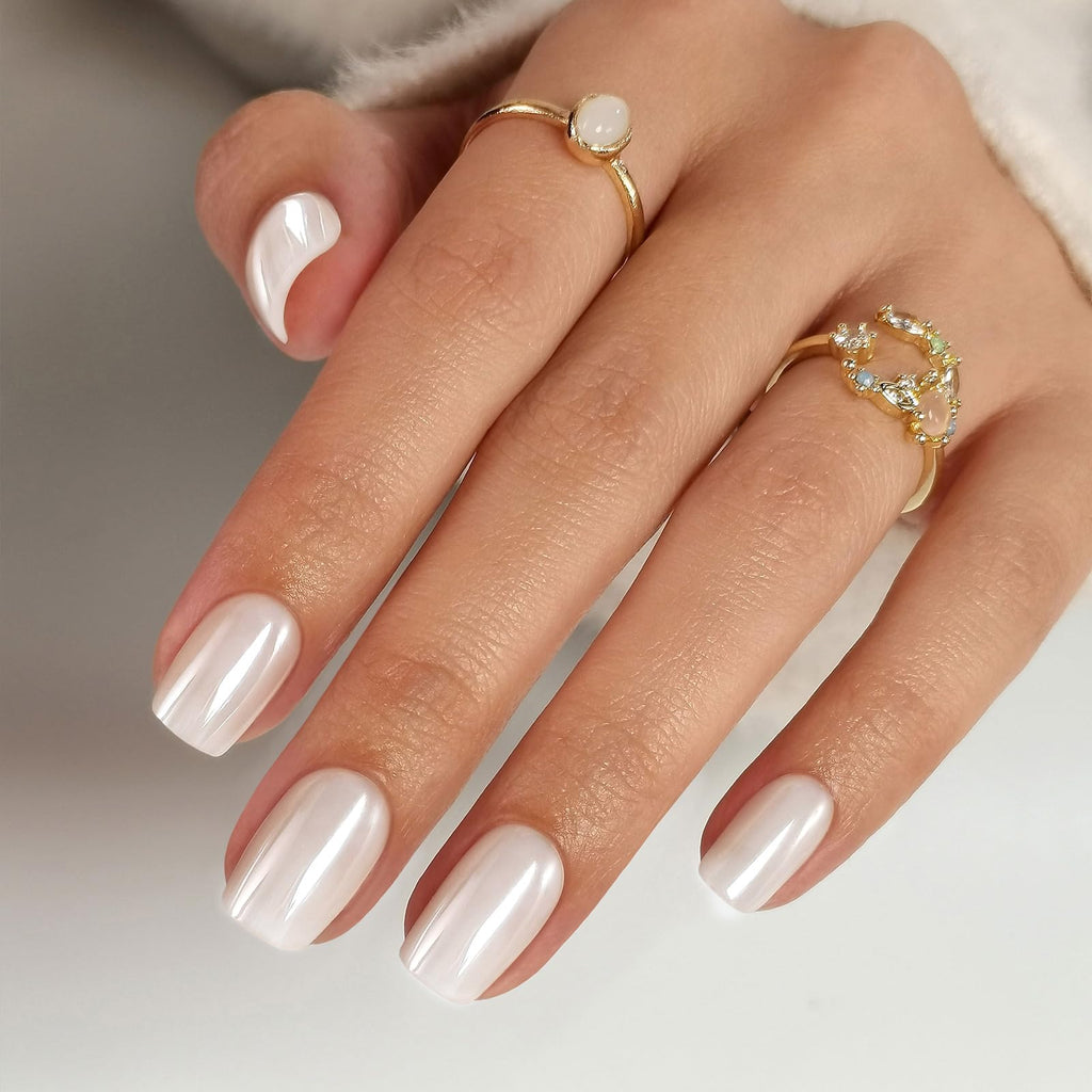 White Chrome Press on Nails Short - SHANGMENG Soft Gel Press on Nails Square for Women Gift, Fit Perfectly & Glossy Glue on Nails in 16 Sizes - 32 Reusable Fake Nails with Glue, Pearl White