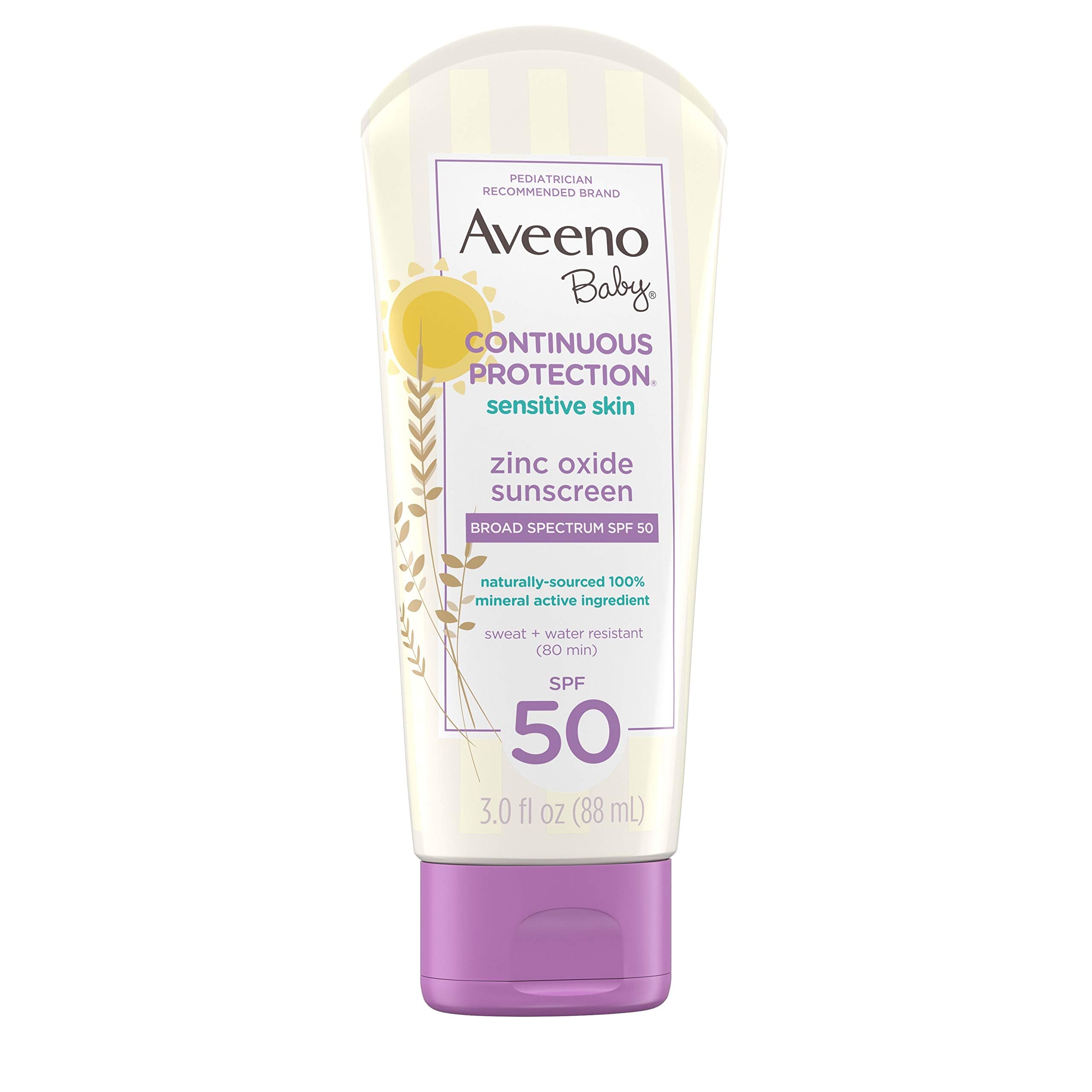 Aveeno Baby Continuous Protection Zinc Oxide Mineral Sunscreen Lotion for Sensitive Skin,Broad Spectrum SPF 50,Tear-Free,Sweat- & Water-Resistant,Paraben-Free,Travel-Size,3 fl. oz,(Pack of 2)