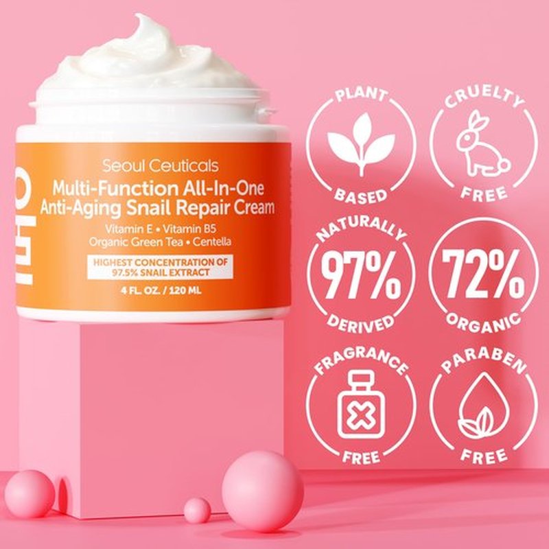 SeoulCeuticals Large 4oz 97.5% Snail Mucin Moisturizer Cream Korean Skin Care Day & Night Snail Repair for Face - K Beauty Anti Aging Facial Skincare