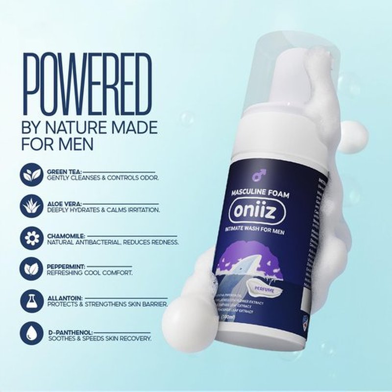 ONIIZ Masculine Foam Men’s Intimate Wash for Odor & Itch Control, pH Balanced Cleanser for Sensitive Skin with Aloe, Chamomile & Green Tea – Perfume (Light Fresh Scent) 3.38 fl oz
