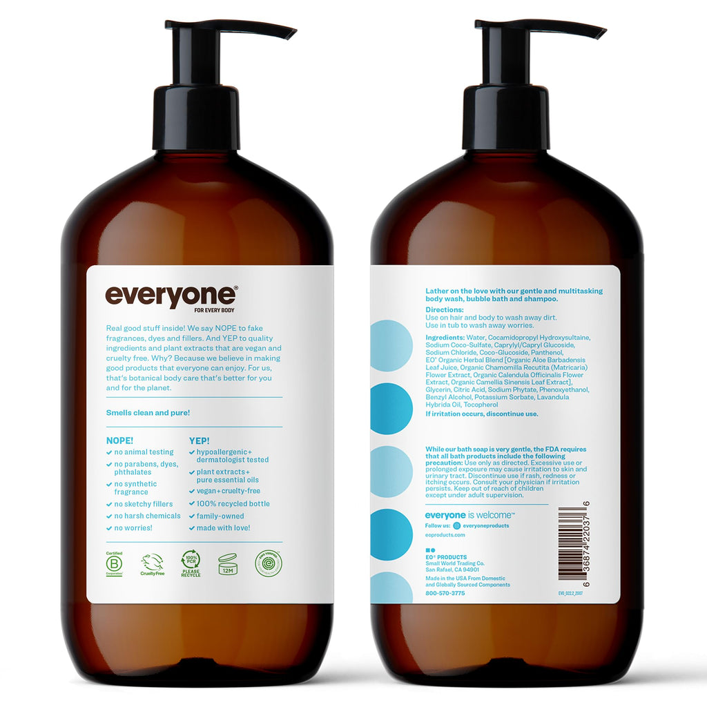 Everyone 3-in-1 Soap,Body Wash,Bubble Bath,Shampoo,32 Ounce,Unscented,made for Men and Women,(Pack of 4)