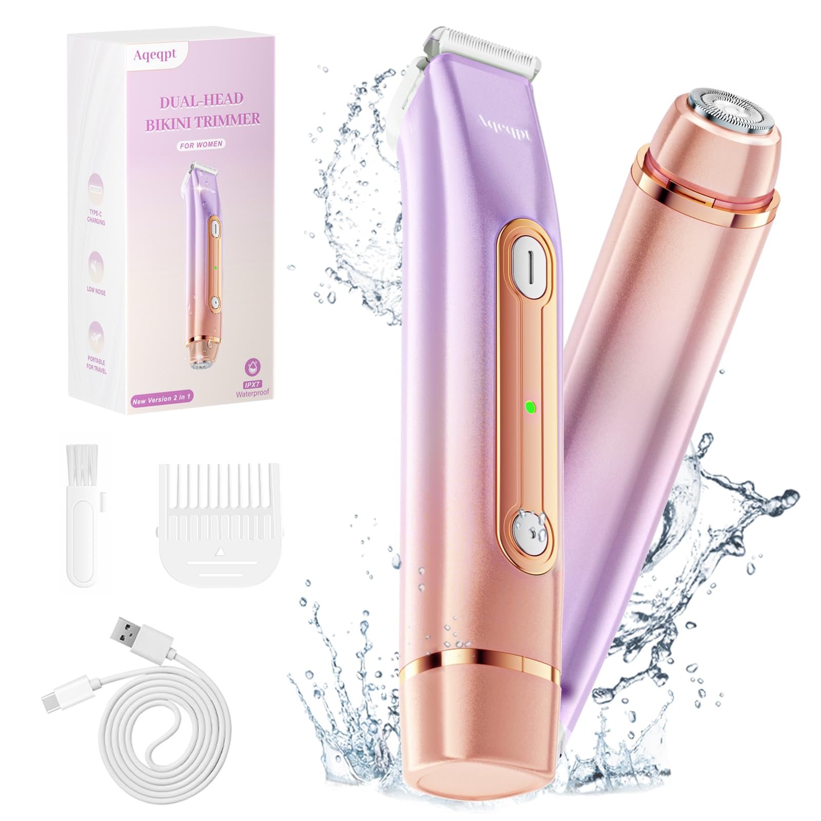 Bikini Trimmer for Women, Electric Razors with Dual Heads, Rechargeable Pubic Hair Trimmer with IPX7 Waterproof, Painless Pro Shaver for Underarm Leg Arm Body Face Private Area（DuskyRose）