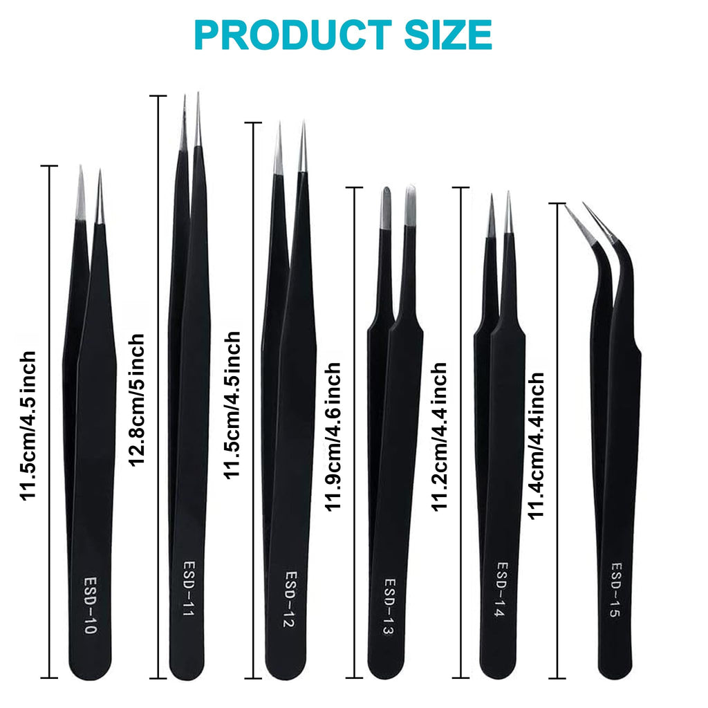Precision Tweezers Set 6 Piece, ESD Safe Anti-Static Stainless Steel Tweezers for Electronics Repair, PCB Soldering, Jewelry Making, Craft, Model Building and Lab Use with Protective Tip Caps