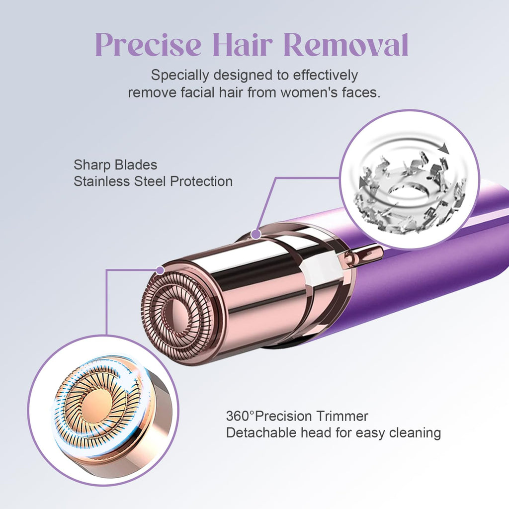 innobeaut Women's Painless Hair Remover for Women, Battery Powered Facial Hair Shaver for Lips, Chin, Neck, and Cheek with 2 Replacement Heads, Purple