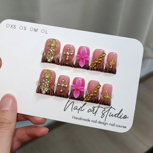 TENPAL Handmade Duckbill Press on Nails - Zebra Print & Pink Floral 3D Metal Cross Studs | Glossy Icy French Tips False Nails with Designs| Royal Core Aesthetic Glue on Nails for Daily Party Wear(S)