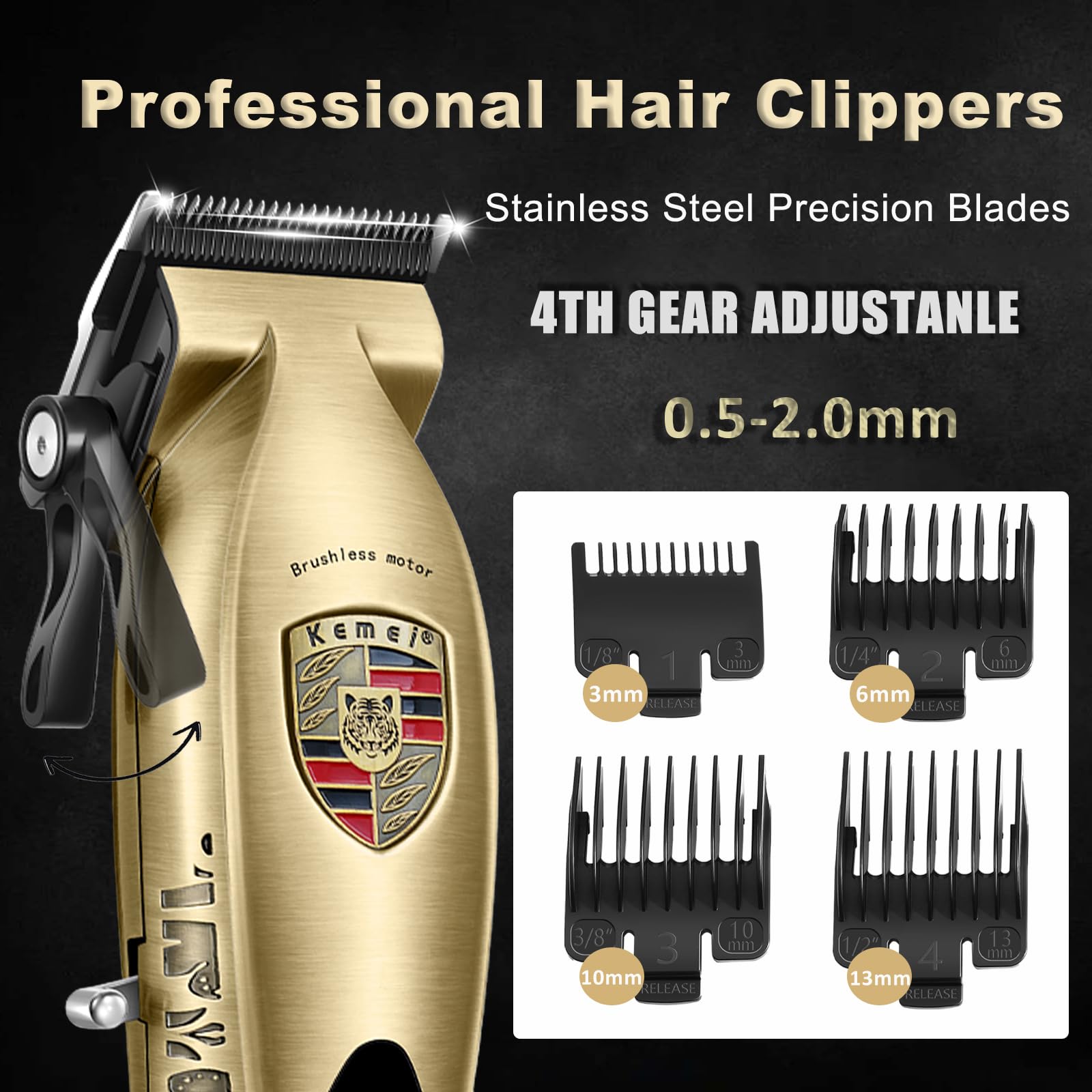 KEMEI Hair Clippers for Men Professional, Barber Clippers for Hair Cutting & Grooming, Cordless Beard Trimmer with Charging Base LED Display KM-2230 Gold