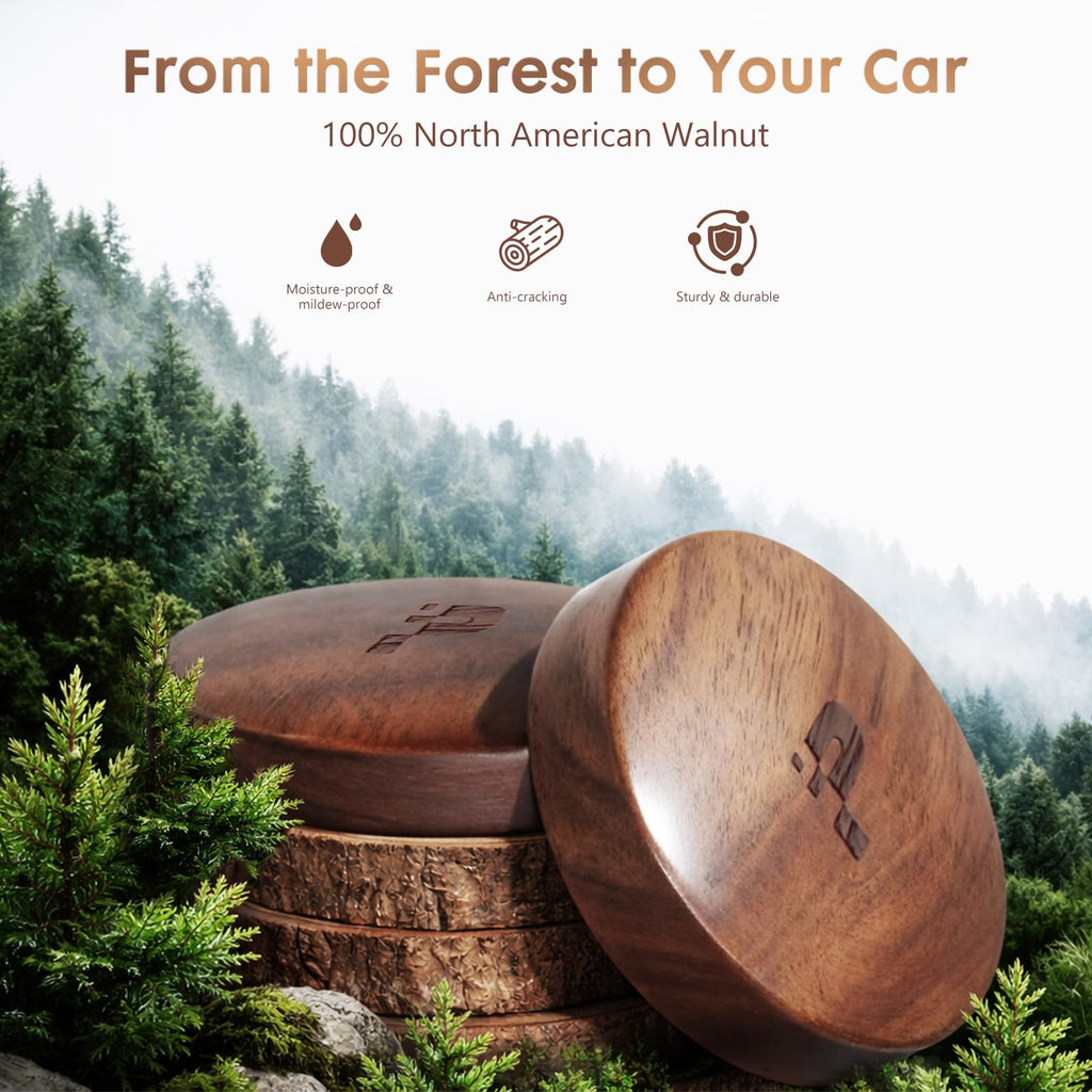 PERPOTAO Wooden Car Air Freshener Vent Clip, Refillable Essential Oil Diffuser with Long-Lasting Natural Scent, North American Walnut & Metal Auto Deodorizer, Includes 2 Clips + 4 Plaster Refills