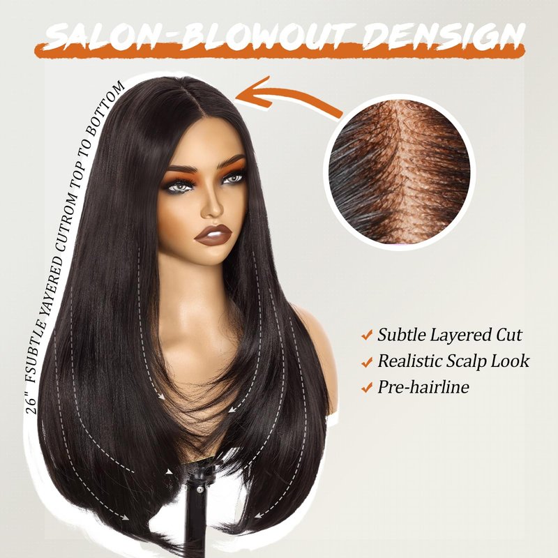 Worldnewhair Natural Black Lace Front Wig 26 Inch - 13x4 HD Lace Layered Wigs for Women, Wear and Go Glueless Wigs Pre Plucked Pre Cut Long Straight Syntheic Fiber Pre-styling Hair for Daily