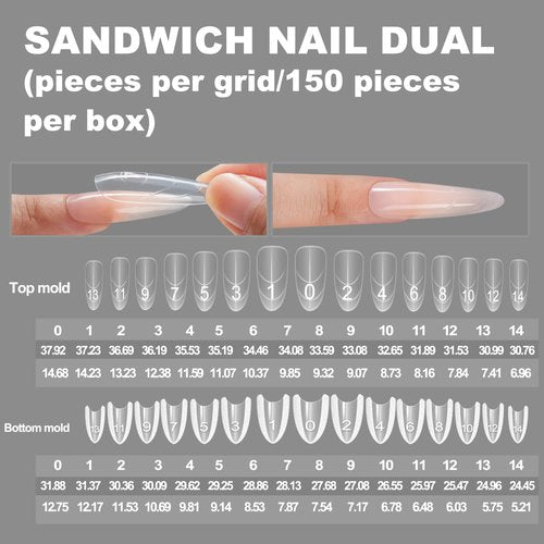 Tucepu Original Sandwich Nails Dual Forms - 150Pcs Almond Round Nail Mold for Quick Nails Extension, No Paper Forms Needed, 15 Sizes Plastic Form, Salon Nail Art Tools