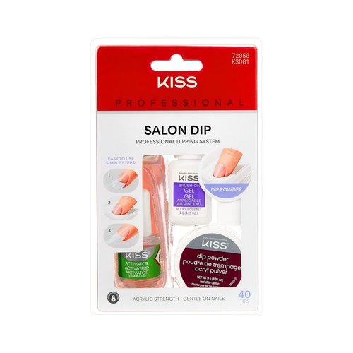 KISS Salon Dip Professional Dipping System Dip Powder Manicure Kit, Brush-On Gel, Dip Powder, Activator, 2 Brushes, Dipping Tray, Cuticle Stick, Sponge, Nail File, & 40 Fake Nails