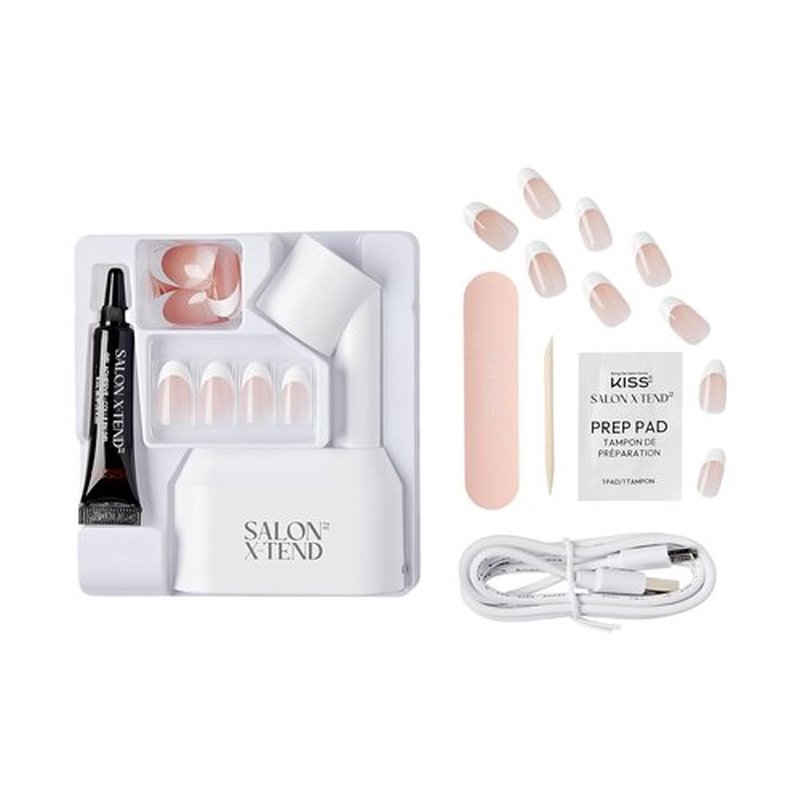 KISS Salon X-tend, Press-On Nails, Nail glue included, Pure', Light White, Medium Size, Oval Shape, Includes 30 Nails, 5Ml Led Soft Gel Adhesive, 1 Led Lamp, 1 Prep Pad, 1 Manicure Stick, 1 Mini File