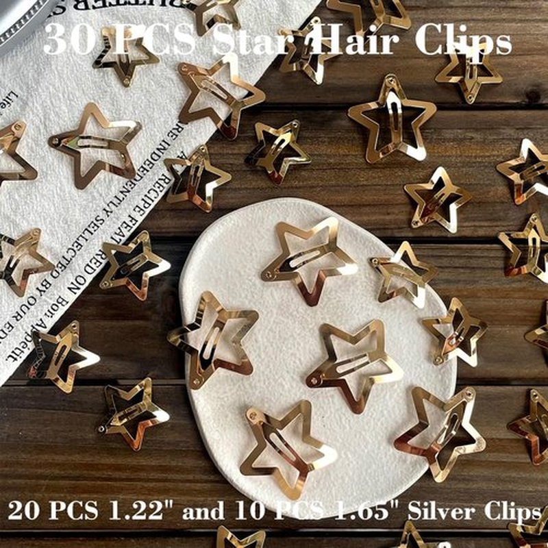 30 PCS Gold Star Hair Clips,20PCS 1.22"Star hair Clip and 10 PCS 1.65"Hair Clip Snap Hair Accessories Non Slip stars Clips for Girls Women gold Accessories Gold Metal Hair Clips