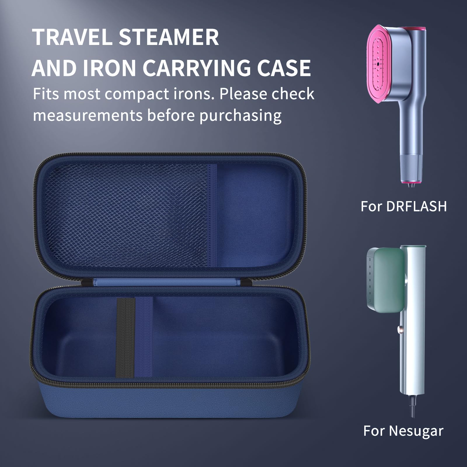 GWCASE Travel Steamer and Iron Carrying Case, Fits for DRFLASH/for Nesugar and Most Portable 2-in-1 Models Up to 10"x4"x2.75", Mesh Pocket for Accessories, Home & Travel Use (Blue-Case Only)