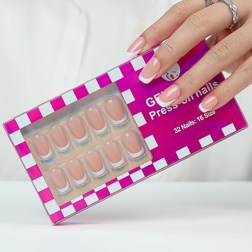 LY LANYOS Press On Nails Short, Short Fake Nails, Square Glue on Nails, Reusable Stick on nails with Nail Glue in 16 Sizes, 32 Pcs, White French