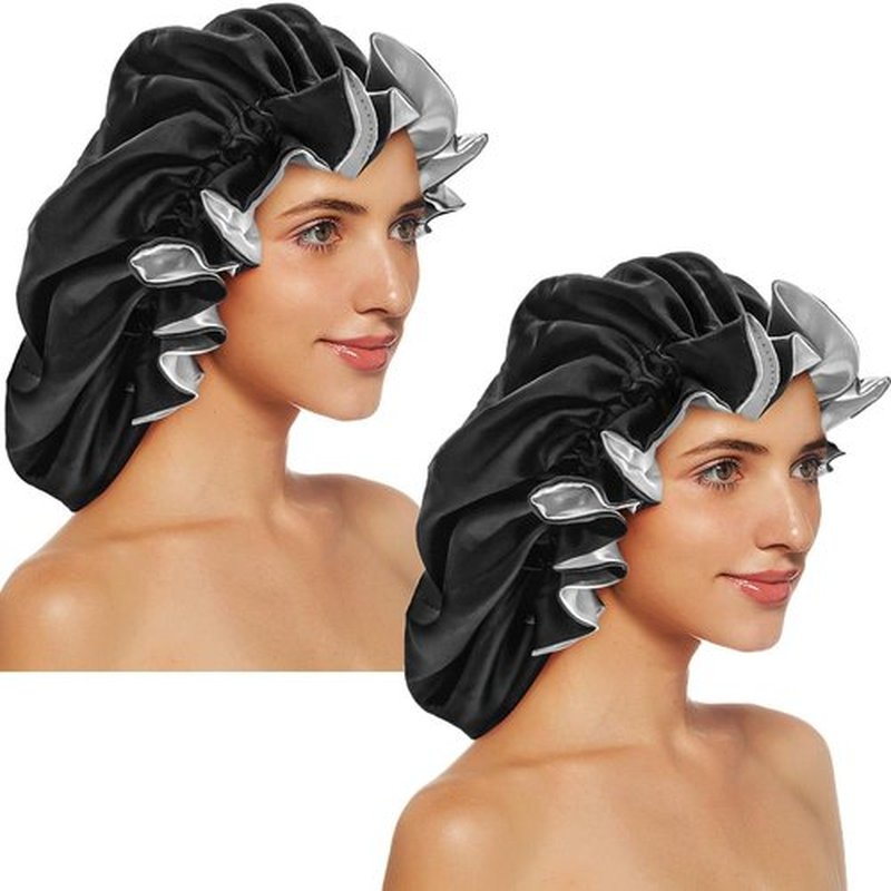 EXTRAPINS 2 PCS Double Layer Extra Large Satin Sleeping Cap,Silk Bonnets for Women,Satin Bonnet for Curly Hair with Elastic,for Women Girl(Black)