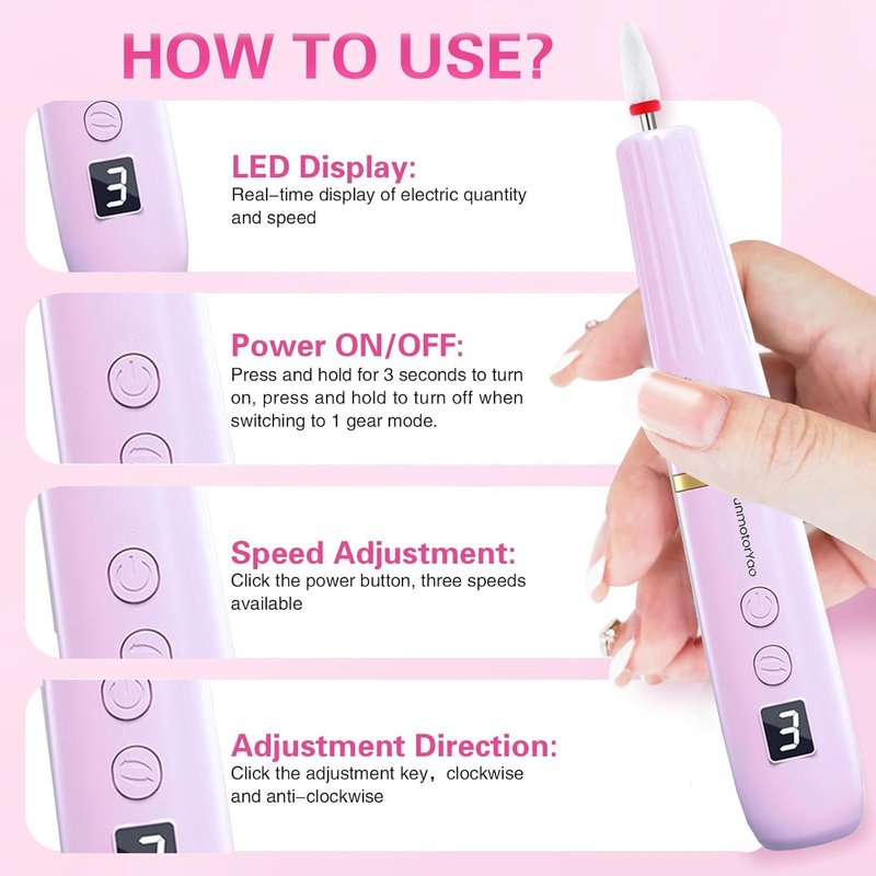 XunmotorYao Professional Electric Nail Drill File, Cordless Nail Drill Machine kit for Acrylic Gel Dip, 12 in 1 Nail Machine Kit Portable Rechargeable Manicure Pedicure Tools for Home Salon(Pink)
