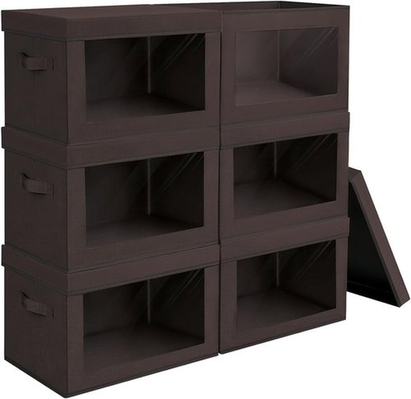 Homsorout Stackable Storage Bins - Large Foldable Closet Organizers with Lids, 6-Pack, Brown
