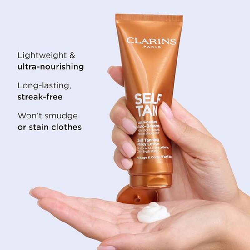 Clarins Self-Tanning Milky Lotion - Buildable, Streak-Free Tanner for Face & Body | Natural Sun-Kissed Glow | 4.5 Ounces